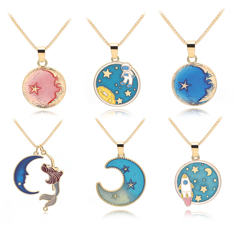 

1pc colorful cartoon ocean starfish Crescent half moon necklace geometry round astronaut space universe sun stars sky Lucky woman mother men's family gifts jewelry