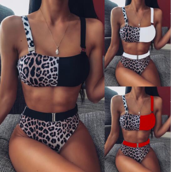

Top bikini suit high waist leopard pattern panel one piece openwork bandage sexy Pentagram transparent belt swimwear women' split swimwear
