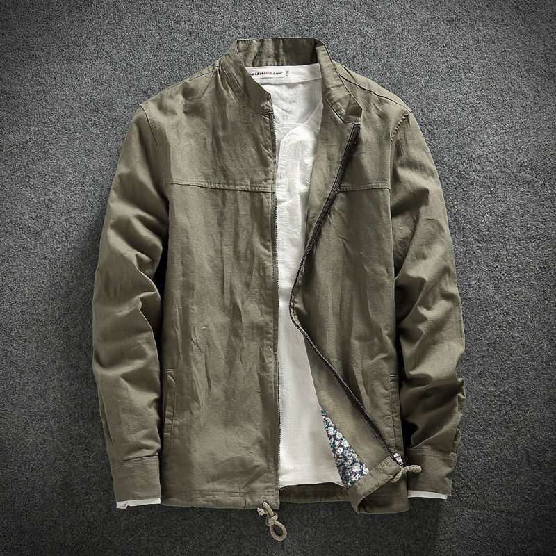 

2019 Spring Fashion jacket male slim Fit high-grade Linen jackets men's Stand collar pure color Leisure linen coat -XXXL, Black