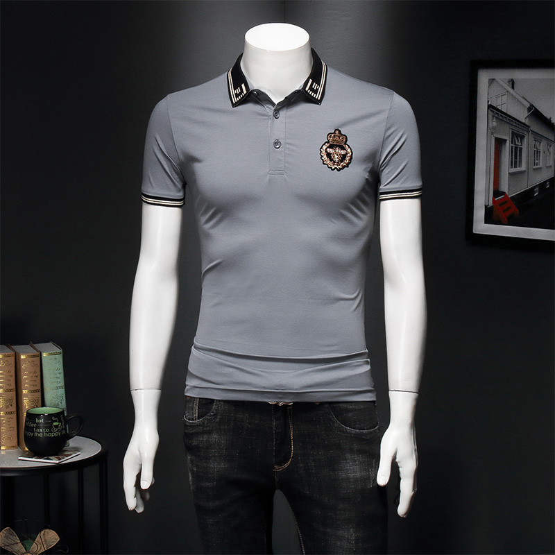 

2020 new large size lapel Polo shirt men's youth Slim Korean summer badge fashion trend short-sleeved T-shirt men, Black