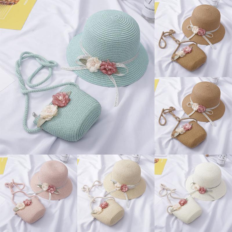 

Girls 2-7 Age Straw Hat Tourism Sun Hat Flower Children Sun And Bag Set, White