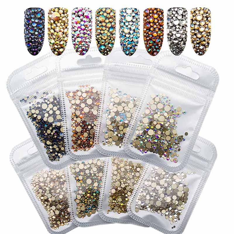 

Nail Rhinestones AB 1440pcs Mix Glass Gold Flatback Nails Accessories Stones Nail Salon DIY Decoration For Art
