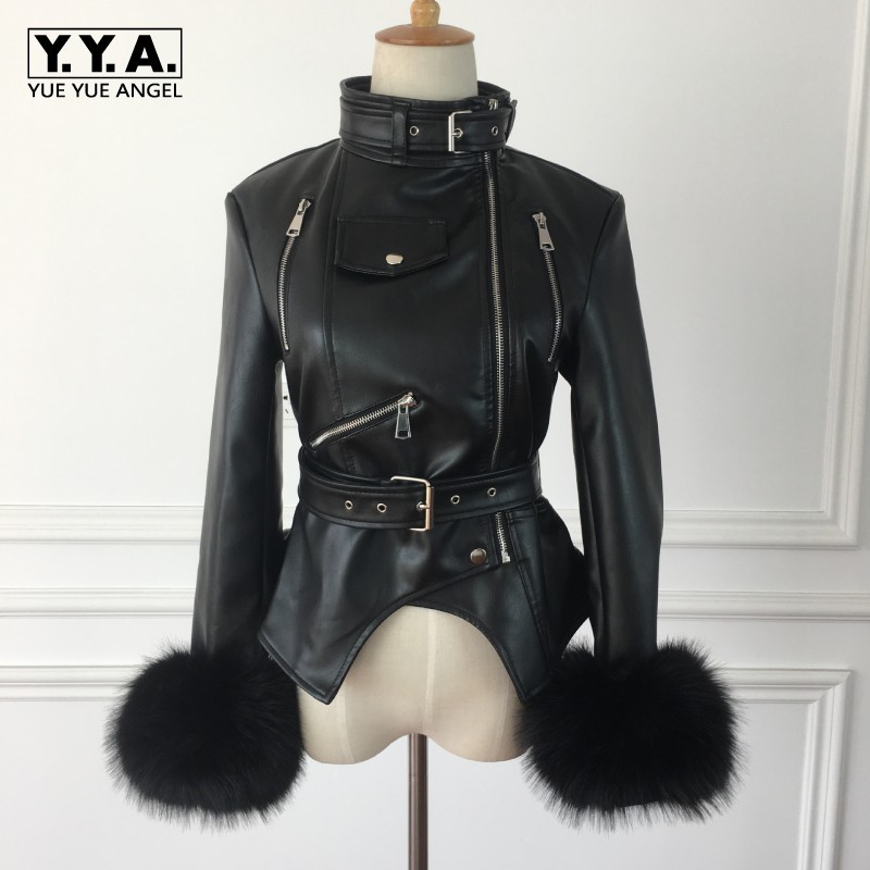 

Winter Thick Fleece Linning Womens Faux Leather Jackets Asymmetrecal Stand Collar Fake Fox Cuff Sashes Slim Female Short Coats, Black