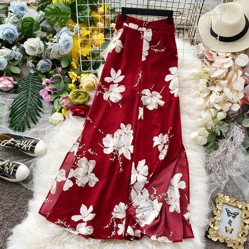 

Bohemian Floral Print Wide Leg Pants Women Long Casual Pant Summer Boho Beach Vacation Elastic High Waist Chiffon Trousers, Red