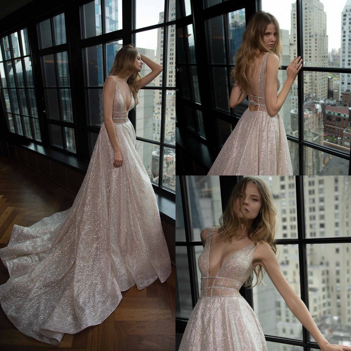 

2019 Berta Beach Wedding Dresses V Neck Lace Glitter A Line Vestidos De Novia Boho Wedding Dress Custom Plus Size Bohemian Bridal Gowns, Daffodil