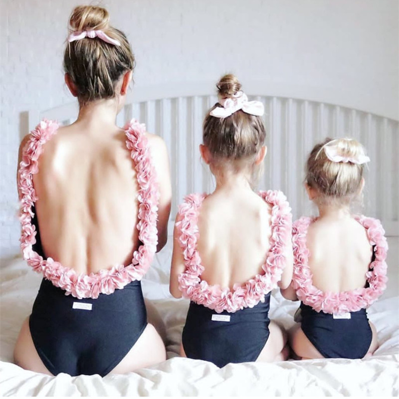 Imayio Children flower Swimsuits Baby Girls One-piece Swimsuit 3D Floral Open Back Bathing Suit for Mother-daughter swimsuit
