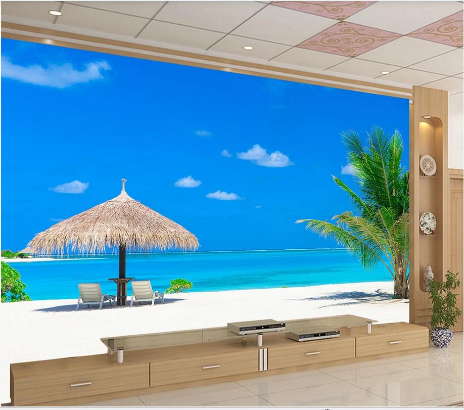 

3d wallpaper stickers custom photo Beach beach thatch umbrella background wall murals 3d landscapes home decorate wallpaper for walls 3 d, Non-woven wallpaper