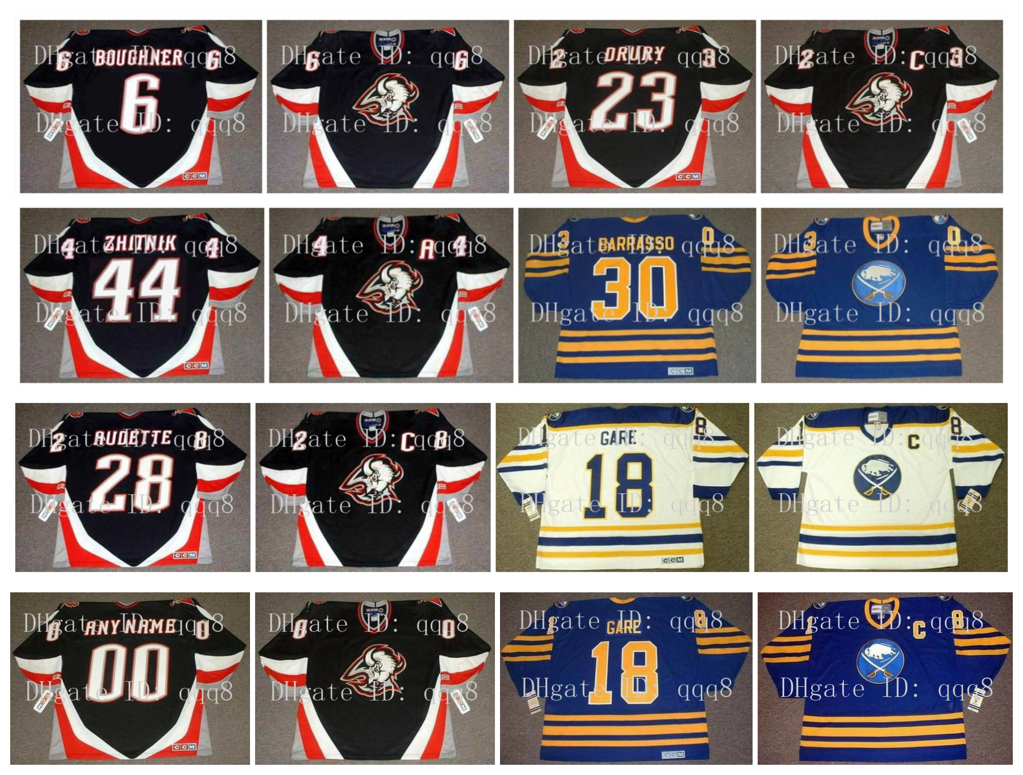 

Vintage Buffalo Sabres Jerseys 28 DONALddM BARRASSO 44 ALEXEI ZHITNIK 30 TOM BARRASSO 6 BOB BOUGHNER 23 CHRIS DRURY 18 DRURY GARE Hockey, As pic