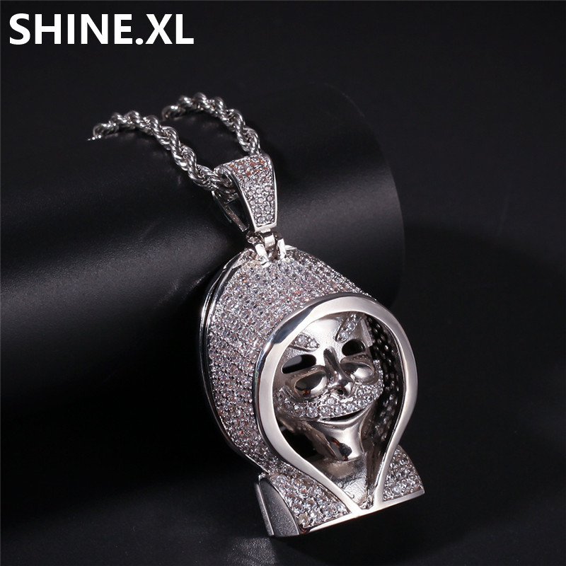 

Iced Out Solid Black Death Skull Pendant Necklace Micro Paved Lab Zircon White Gold Plated Mens Hip Hop Jewelry Gift
