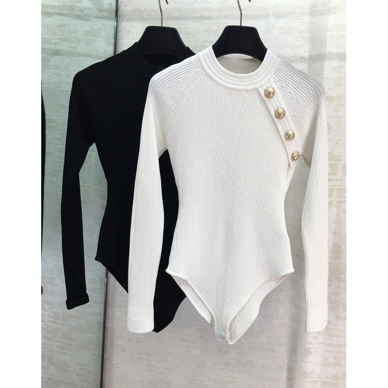 

1.6 European Fashion Sexy O-neck Long sleeve Shoulder Button Decoration Elastic Jumpsuits Bodysuits, Black