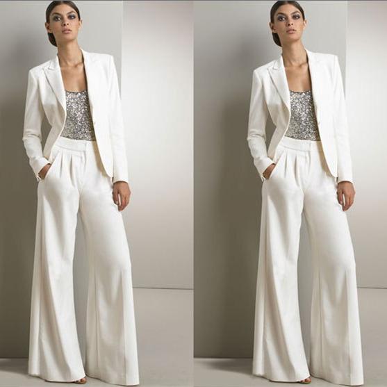 

2022 2pcs Formal Mother of the Bride Dresses Women Ivory Pants Pant Suits Office Business Lady Jacket For Wedding Party Bridal Evening Wear