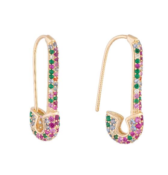 

Rainbow Fashion Women Earring Design With Full Crystal Safety Pin Shape Ear Wire Gold Plated Trendy Gorgeous Women Jewelry, Golden;silver