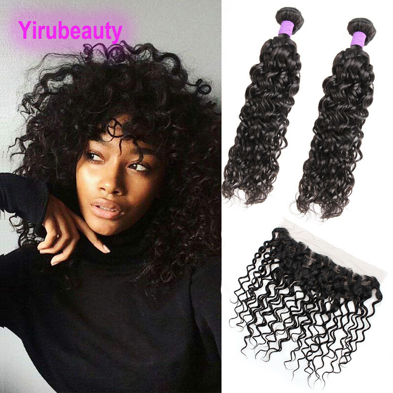 

Wet And Wavy 2 Bundles With Lace Frontal Ear To Ear Peruvian Human Hair Bundles With Frontal Free Part Nataural Color Water Wave, Natural color
