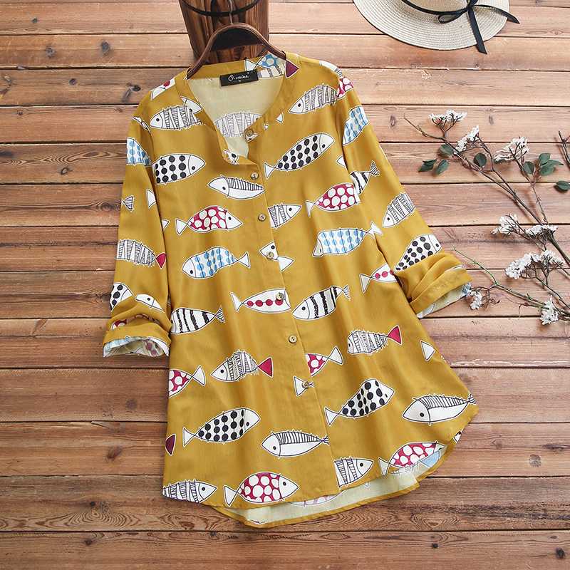 

Spring Long Sleeve Shirt ZANZEA Vintage Blouse 2020 Women Fish Printed Tunic Tops Casual Loose Party Chemise Blusas Female Mujer, White