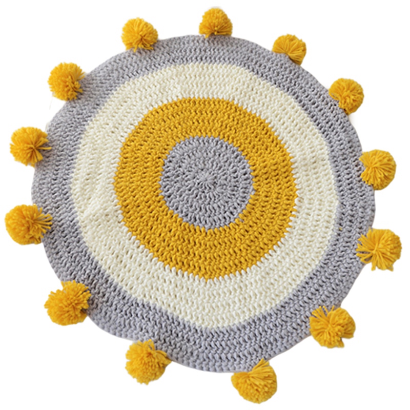 

Handmade Round Rug Circle Knitted Pompom Mat for Kids Play Area Rug 80X80cm Nursery Room Living Room, Yellow
