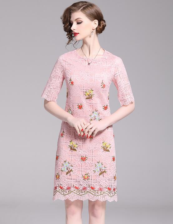 

Sweet Pink Flora Embroidery women dress street style dresses crew neck summer lace skirts with 1/2 sleeve knee-Length