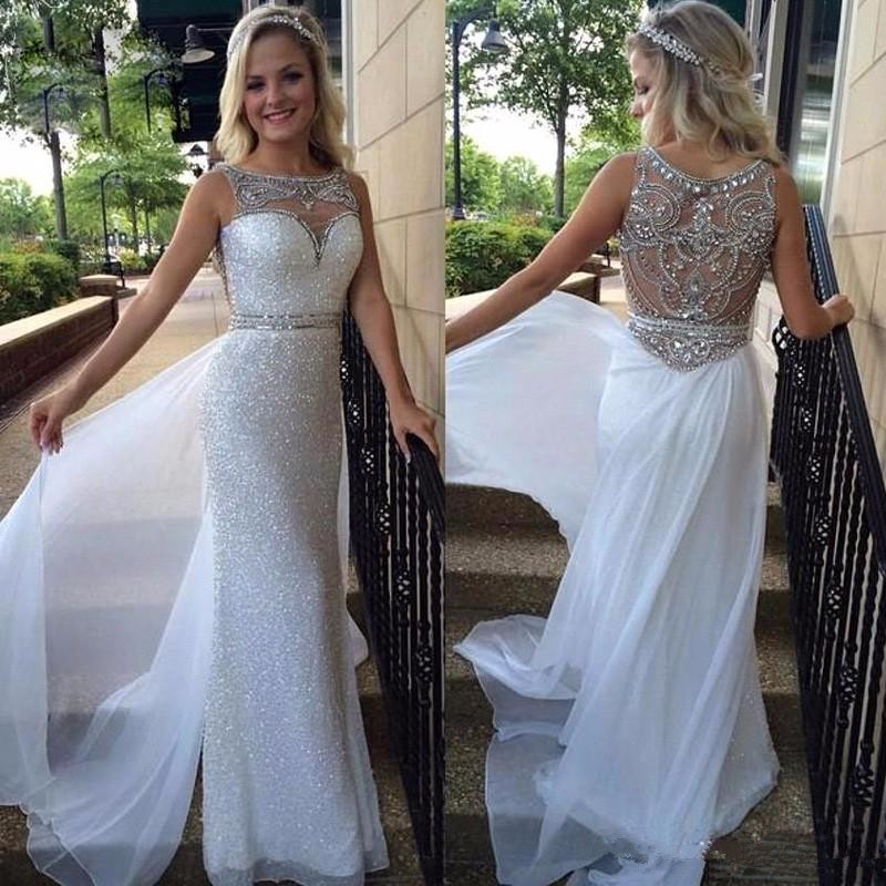 

New Designer Sequined Prom Dresses 2019 Long Crew Lace sheath Beaded Back Cheap Evening Dresses Party Gowns floor lenth N33, Silver
