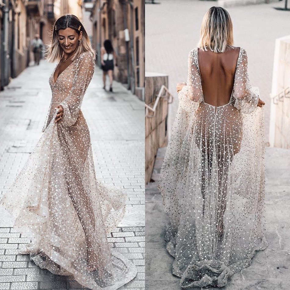 

2020 Newest Beach Backless Wedding Dresses V Neck Tulle A Line Boho Country Bridal Gowns Beaded Sequins Wedding Dress Robe De Mariee, Same as image