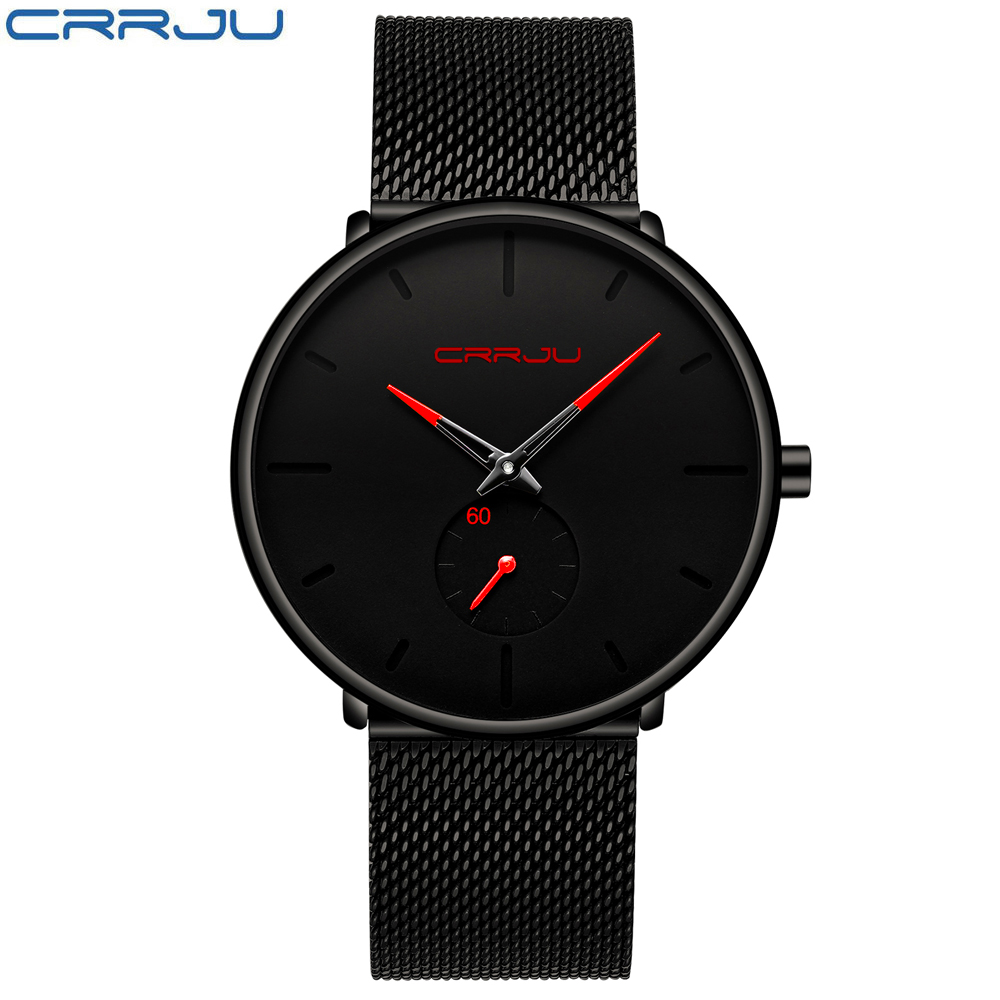 

Crrju watch men Top Brand Luxury Quartz watch Casual quartz-watch stainless steel Mesh strap ultra thin clock male Relog, Black