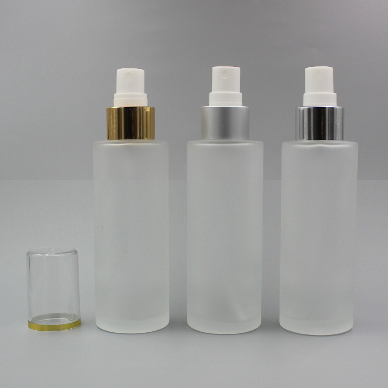 

100ML Empty Frost Glass Spray Fine Mist Bottle 3.4Oz Refillable Round Glass Cream Pump Dispenser Gold Silver Collar with Aluminum Sprayer