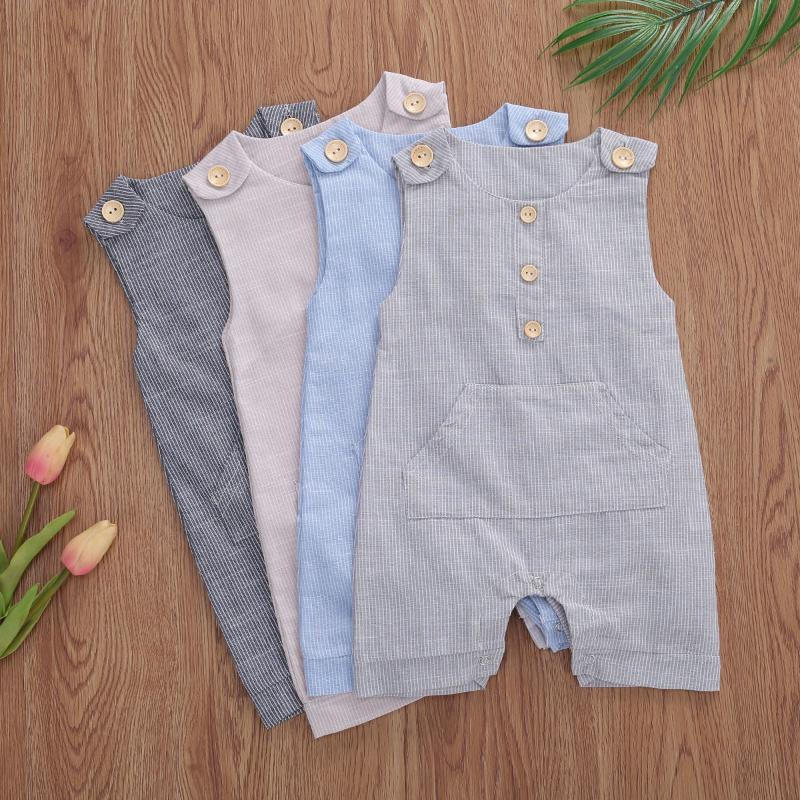 

Baby Summer Clothing 0-18M Newborn Baby Boys Buttons Striped Romper Fashion Sleeveless Romper Cotton Linen Jumpsuit 4Colors