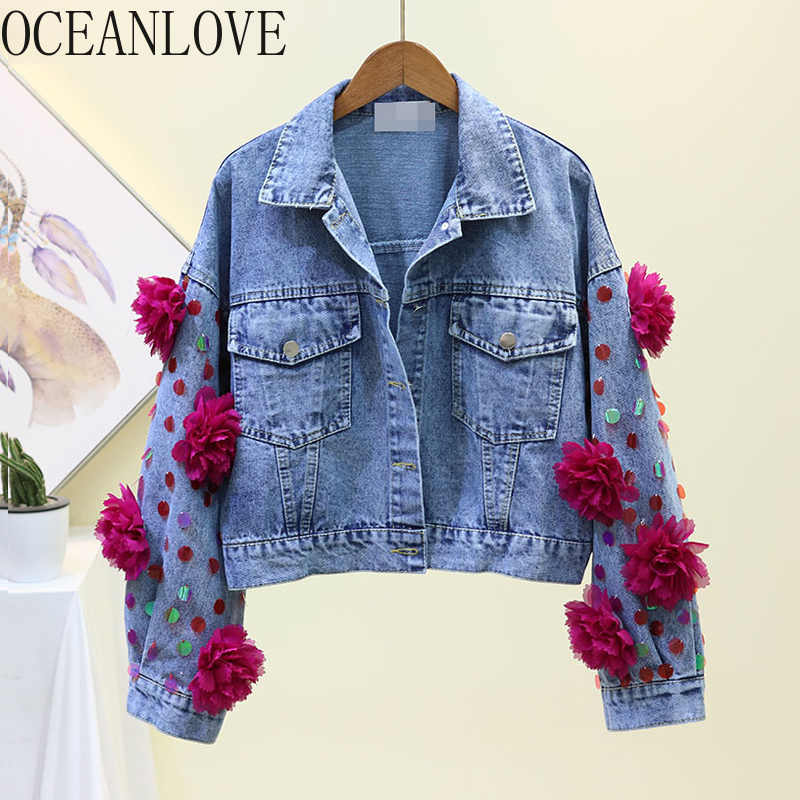 

OCEANLOVE Women Jacket Solid Flowers Sequins Patchwork Short Denim Jacket Autumn Streetwear Single Breasted Chaqueta Mujer 12664, Blue