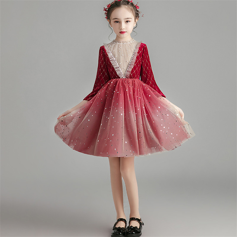 

Infant Toddler Fashion Long Sleeves Spring O-neck Birthday Holiday Party Princess Prom Dress Little Girls Baby Sequined Dress, Red short dress 2