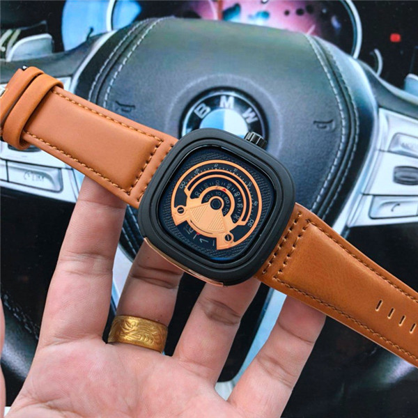 

Luxuy men Trend Square Watch Men's Sports Leather Belt Quartz movement Seven pcs Friday Male clock stainless steel Christmas Gift womens, Slivery;brown