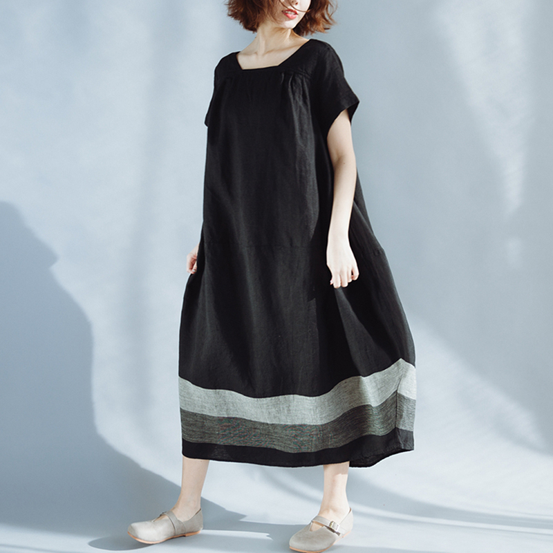 

Plus Size 3XL Women Long Dress Literary Loose Square Collar Short Sleeve Stitching Cotton Linen Summer Dresses, As pic