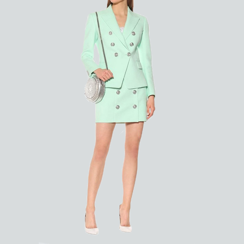 

Stunning Design Euorpean American Women Elegant Mint Skirt Suits Slim Blazer Mini Skirt Fashion Quality Two Pieces Sets