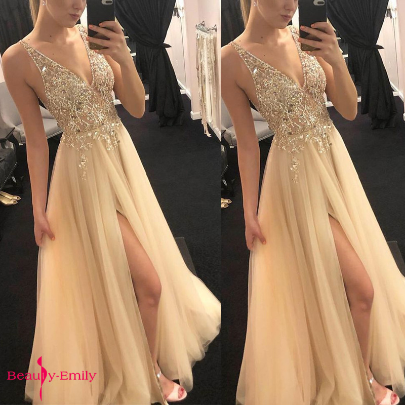 

Beauty Emily 2019 Sexy Hot Deep V Neck Evening Dresses Sequins Crystal Strapless Sleeveless Hollow Lace Party Gown Chiffon Dress, Gold