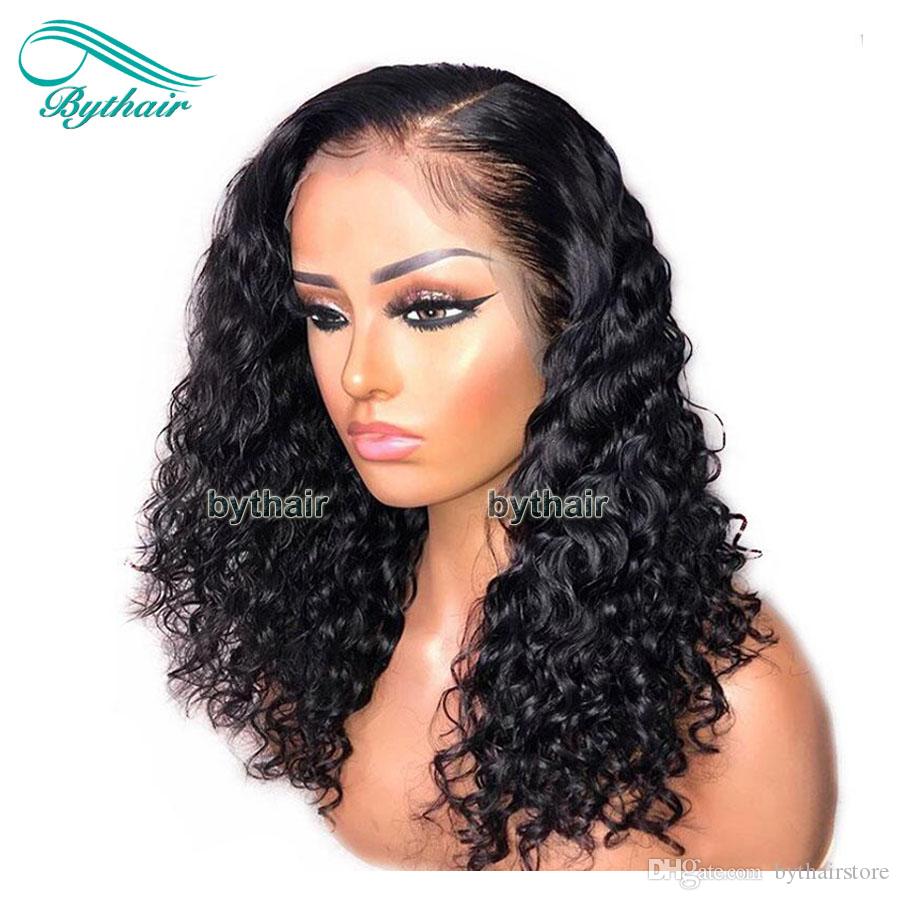 

Bythair Brazilian Pre Plucked Curly Left Part Full Lace Human Hair Wigs With Baby Hairs Lace Front Wig For Black Women, #1b color
