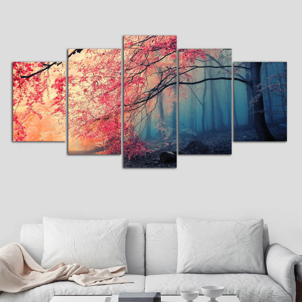 

Poster HD Prints Modern Wall Art Canvas For Living Room 5 Pieces Cherry Blossoms Pictures Decor Red Trees Forest Painting