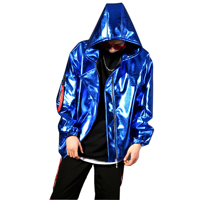 

Men Blue PU Leather Jacket Hooded Loose Baseball Coat Male Nightclub Stage Show Hip Hop Clothing Jacket Costumes