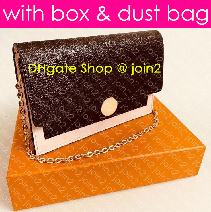 

M67405 FLORE CHAIN Compact WALLET Designer Women Cross Body Clutch Shoulder Bag Mini Pochette Accessoires Toiletry Pouch Cle Card Holder WOC, Brown with flowers (black)