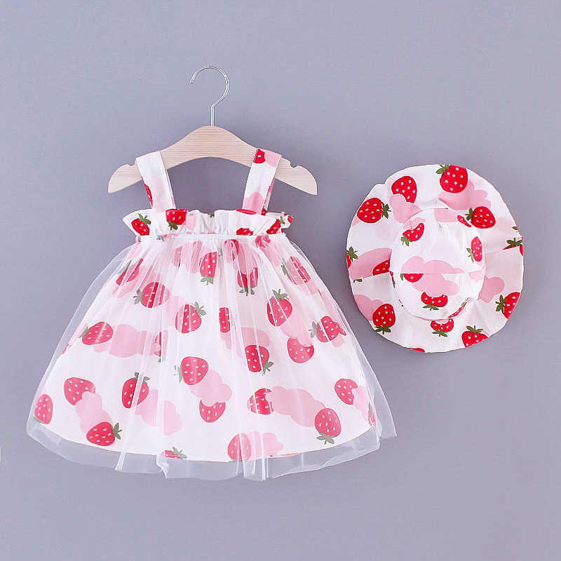 

New 2020 Baby Girls Summer Dresses Todder Clothes Sleeveless Strawberry Party Princess Knee-length Dress +Sun Hat 2pics Set 0-3Y, Og