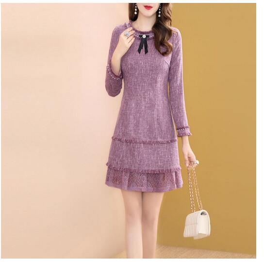 

Purple woolen beaded slim long sleeve round neck a-line skirt, Lavender