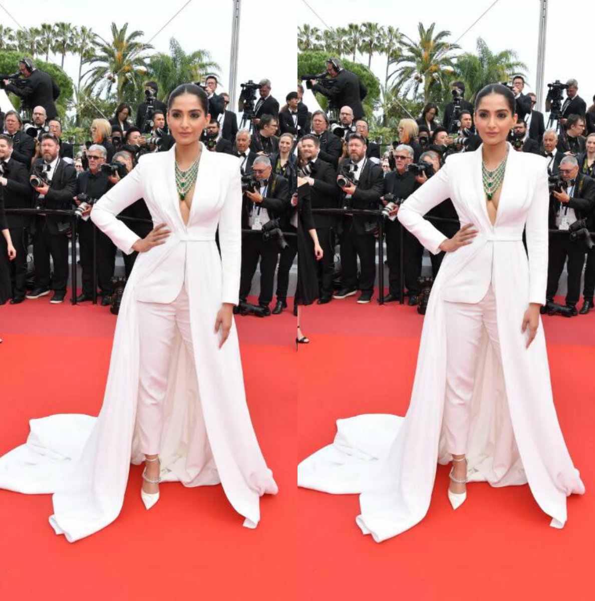 

2020 White Prom Jumpsuits With Train Deep V Neck Sweep Train Long Sleeve Evening Dress Pants Suit Formal Party Gowns Robes De Soirée, Green