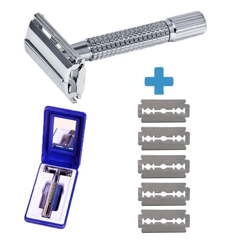 New Professional Double Edge Safety Razor for Men Long Handle for Comfortable Wet Shaving & 5 Blade Refills-image-480784895
