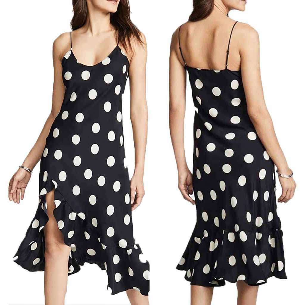 

Women Dress Summer Casual Dot Printing Dress Women Sexy Sleeveless V Neck Off Shoulder Dresses Lady Beach Party Dress Vestidos, Black