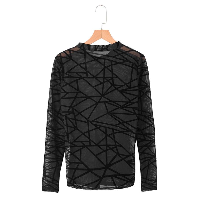 

2020 New Women Sexy Shirt O-Neck Long Sleeve Grid Mesh Printed Perspective Casual Top Ladies Tulle Mesh Fashion T-shirt Hot, As pic