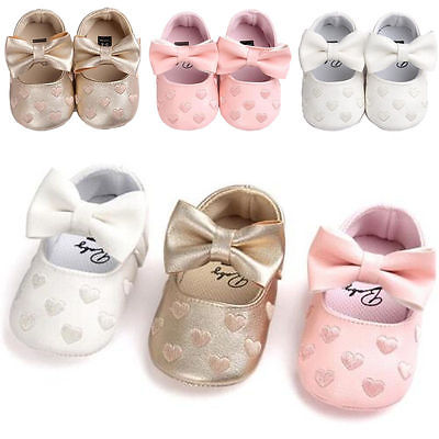 

Newborn Infant Kid Baby Girl Crib Shoes Bowknot Soft Sole Casual Popular PU Floral Girls Prewalker Sneakers Newborn to 18M, White