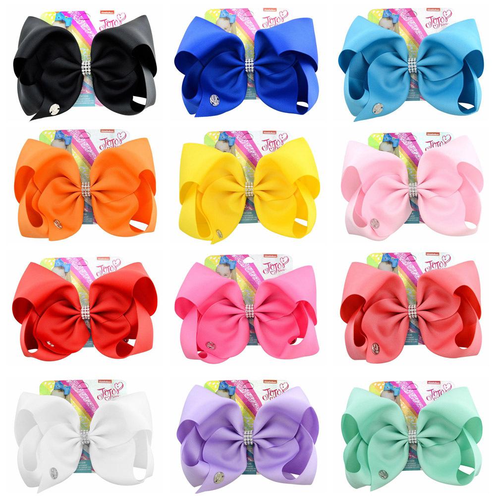

8 Inch Jojo Siwa Hair Bow Solid Color With Clips Papercard Metal Logo Girls Giant Rainbow Rhinestone Hair Accessories Hairpin Hairband