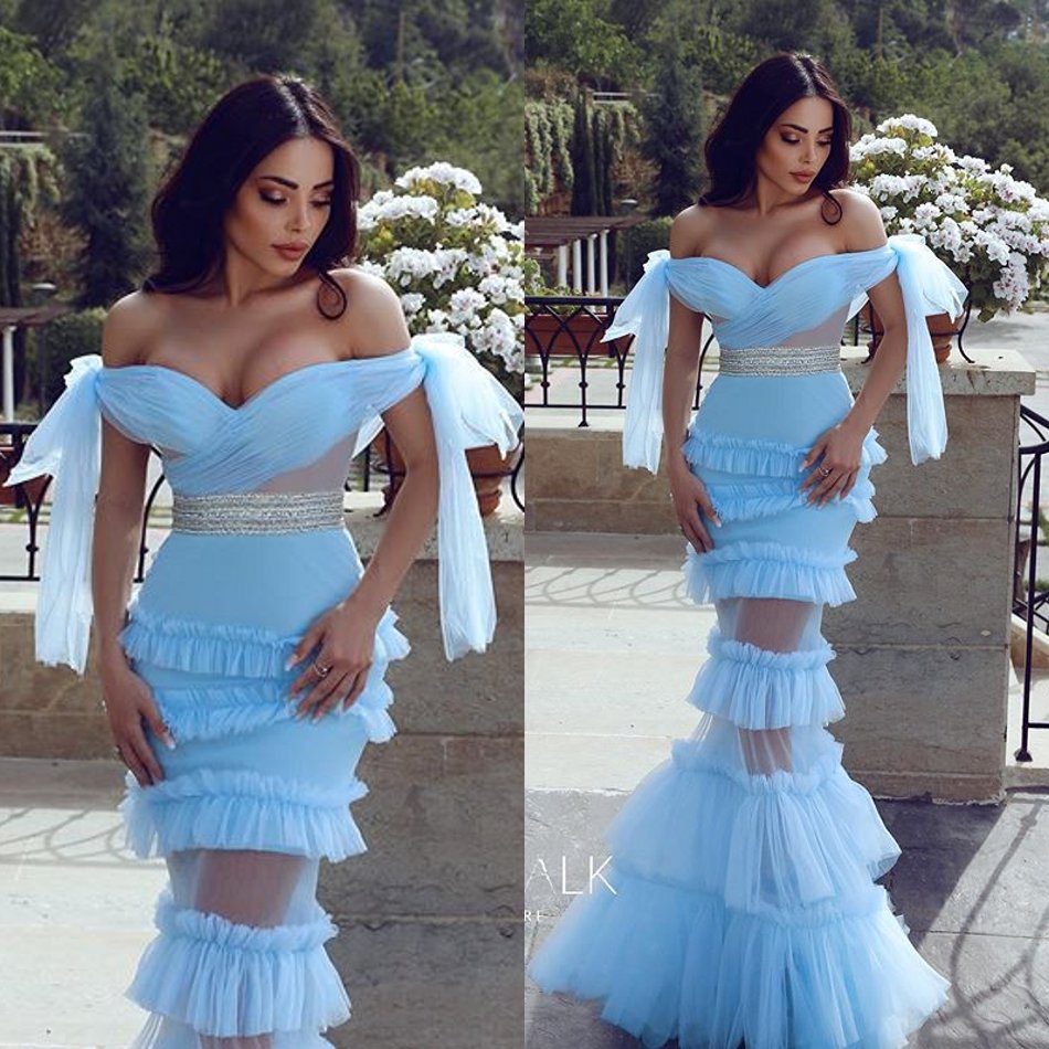 

Mermaid Prom Dresses Off Shoulder Sleeveless Beads Bow Tiers Tulle Party Gowns Sweep Train Special Occasion Dresses, Green