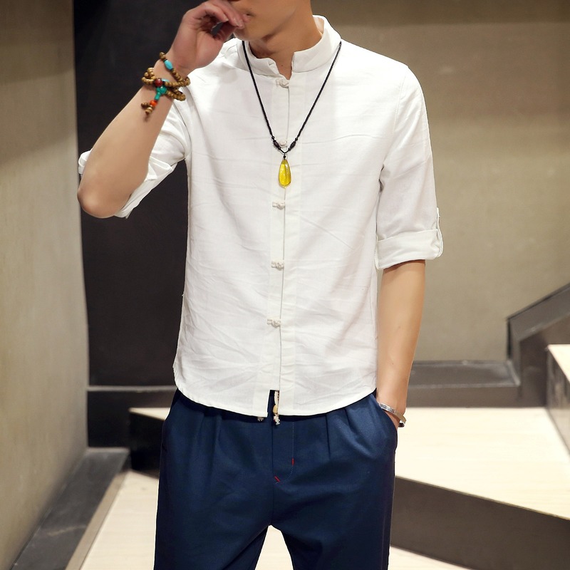 

Men's Linen Shirt 2020 New Summer Five-point Sleeve Stand Collar Casual Chemise Homme Large Size Solid Color Men's Clothing, Khaki