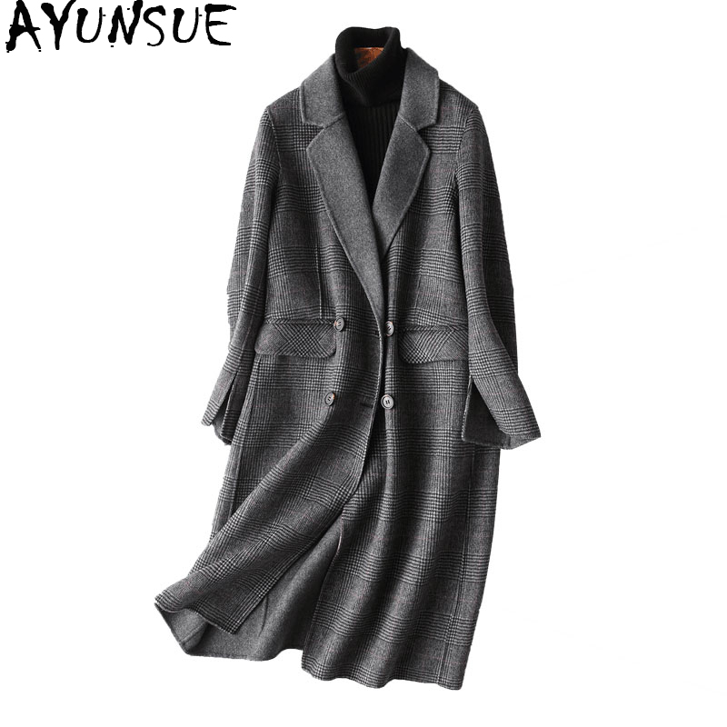 

AYUNSUE Autumn Winter Coat Women England Style Plaid Real Wool Coat Female Long Jackets Outerwear manteau femme 37121 WYQ1183, Gray
