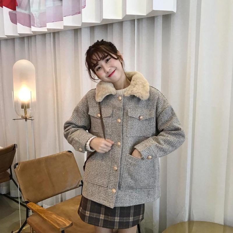 

Wollen coat autumn winter female fashion plaid winter warm wide cute coat single-breasted long, Gray