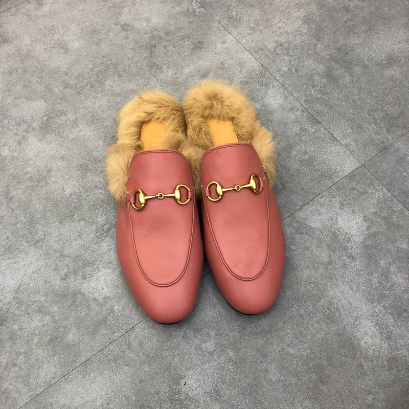 

Classic male Half slippers with soft cowhide Flat bottom Metal buckle Hair Slippers Embroidered woman Shoes Warm Wool slippers, 01