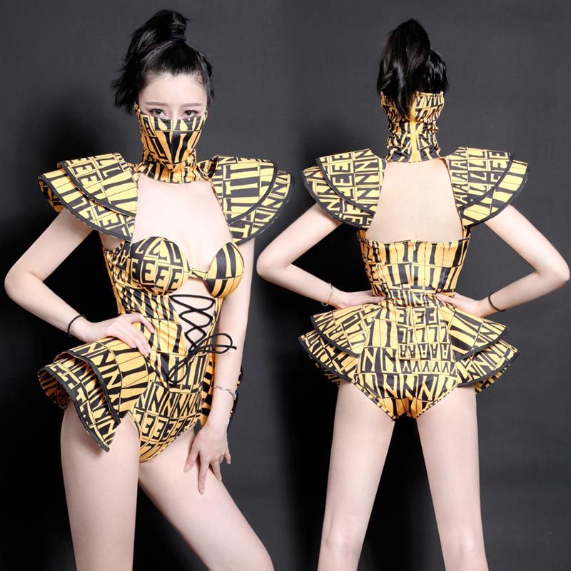 

printing Bodysuit Jazz Dance Costumes Bar Dj Dancers Sexy Nightclub DS Singer Rave Jumpsuit Stage Wear mask chinese folk costume, Photo color