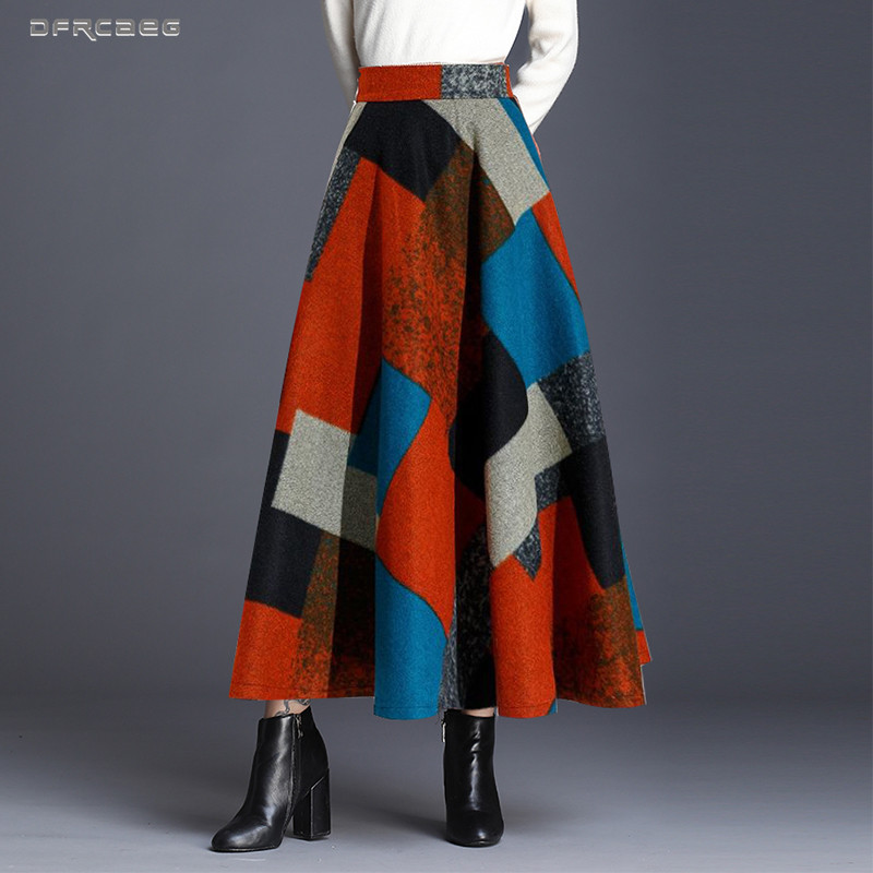 

Print Women Woolen Maxi Skirt Fashion Winter High Waist Warm Wool Skirts Ladies Casual Elastic Waist A-Line Long Skirts Female, As picture